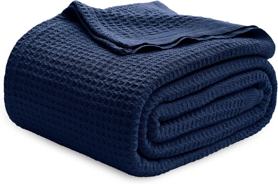 Bedsure Gentlesoft 100% Cotton Blanket Twin XL Size for College Dorm - Cooling Breathable and Soft for Summer, Waffle Weave Twin Blanket for Bed, Dorm Room Essentials, Pageant Blue, 66x90 inches