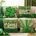St Patricks Day Pillow Covers 18x18 inch Set of 4 Green Shamrock Decorative Irish Throw Pillows Cushion Cases for Sofa Couch Bedroom Holiday Home Decoration (Lucky and Blessed)