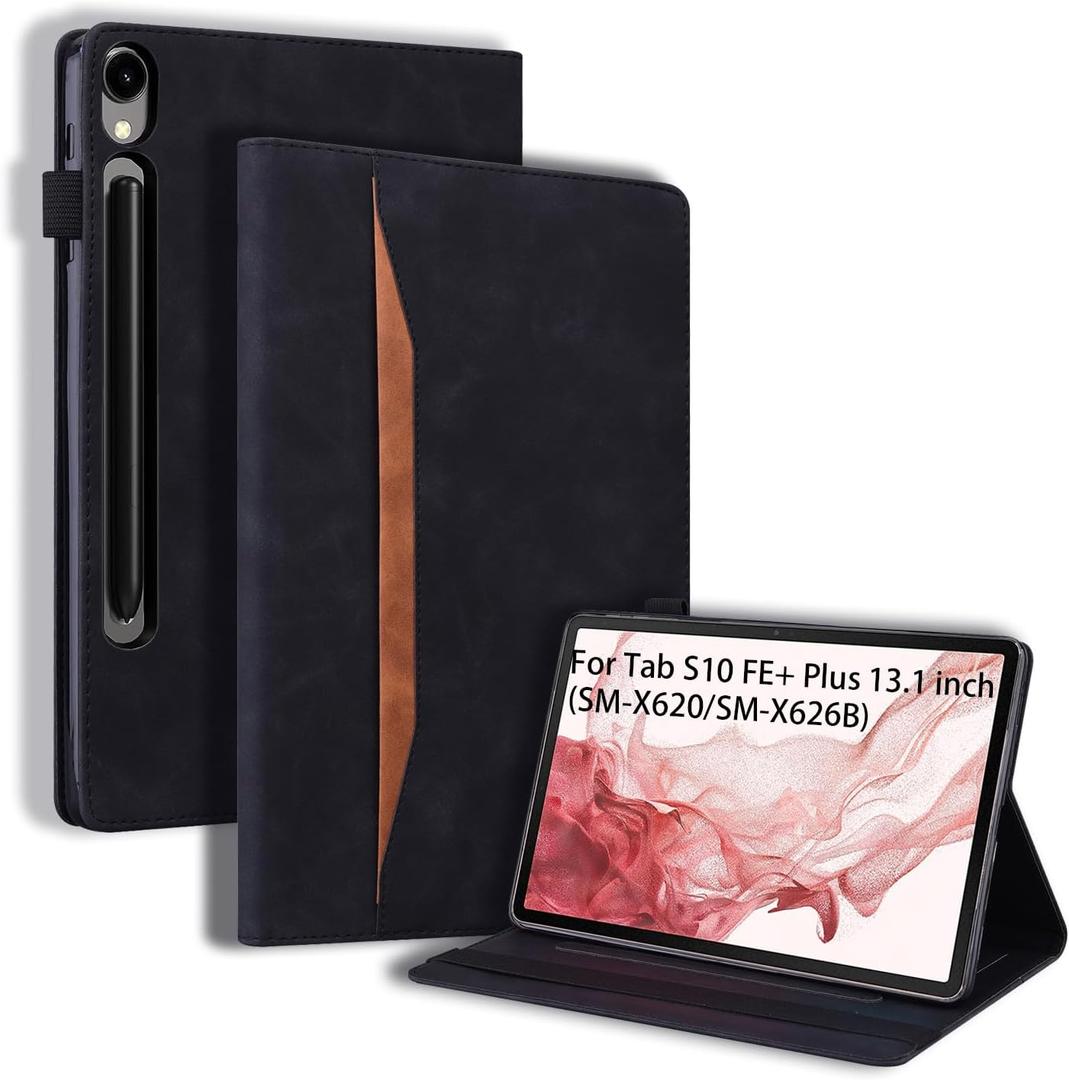 Flip Case for Samsung Galaxy Tab S10 FE+ Plus 2025 13.1 inch, PU Leather Stand Soft Back Smart Auto Wake/Sleep Cover,Adjustable Stand Shell w/Card Slots/Pen Holder/Front Pocket - Black