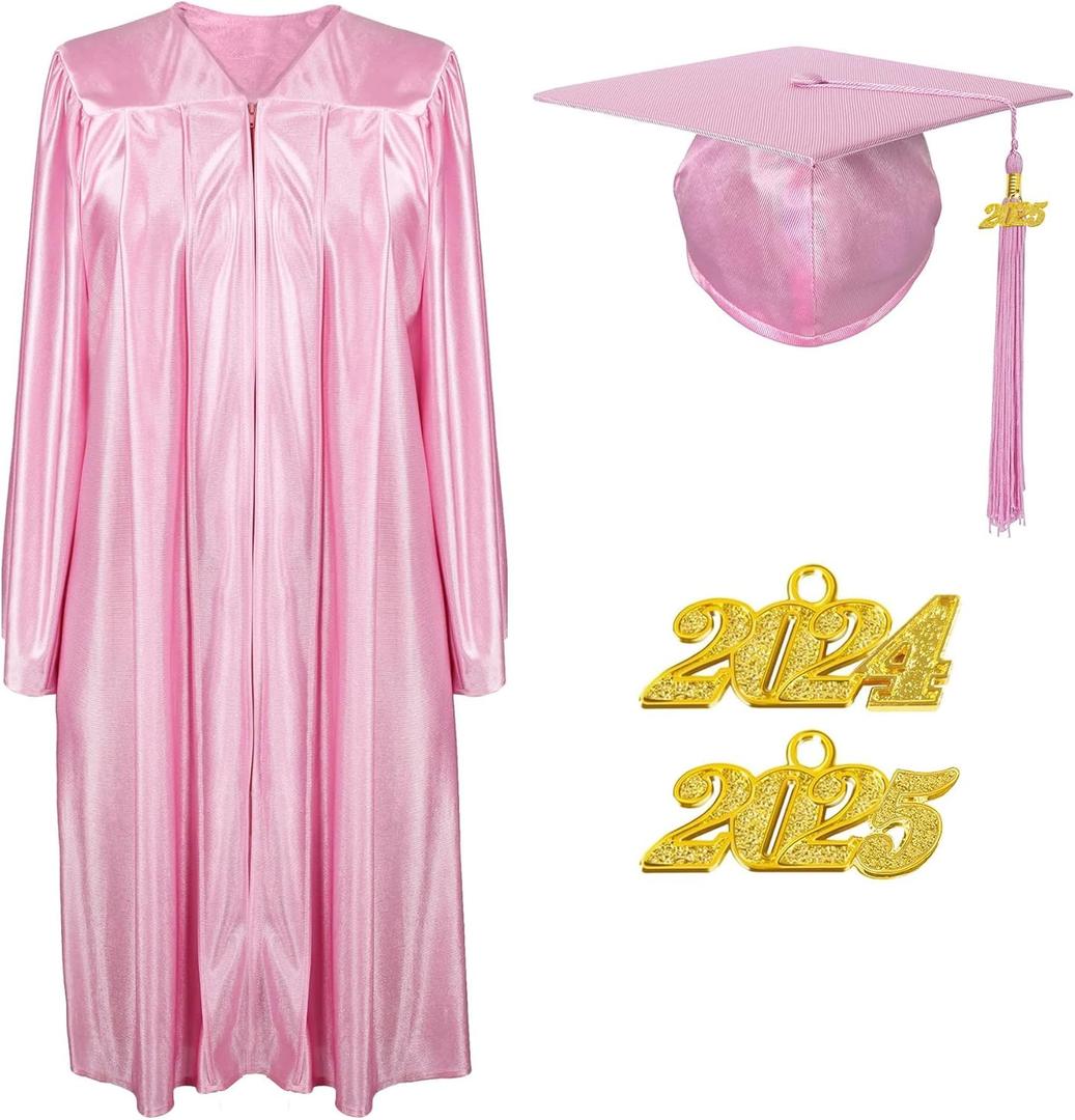 Unisex Shiny Graduation Cap Gown 2024 2025 Year Charm Tassel Set for Middle High School and Bachelor (45, Pink)