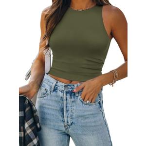 ATHMILE Womens Double Lined Crop Tank Tops Casual Basic Shirts Sleeveless Workout Tops Cute Summer Clothes Teen Girls (Medium, Olive Green)