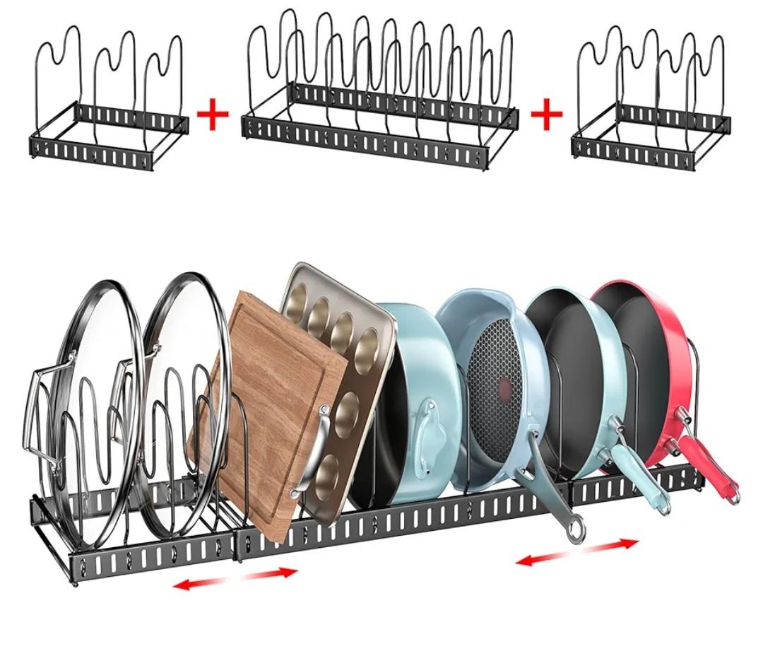 Xcosrack 15 Adjustable Dividers Pot and Pan Organizer Rack, 7" D x 32" W x 7.1" H, 3 in 1, Expandable Lid Bakeware Cupboard Rack Holder for Kitchen Cabinet Pantry Countertop, Black (Patent Pending)