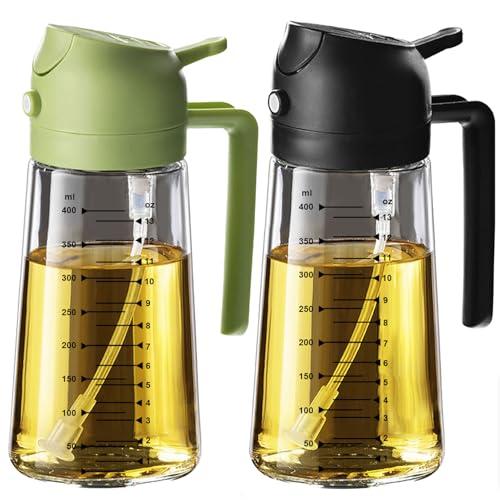 TrendPlain 16oz/470ml Glass Olive Oil Sprayer for Cooking – 2 in 1 Olive Oil Dispenser Bottle for Kitchen Gadgets and Air Fryer Accessories, Salad, BBQ - Black & Green