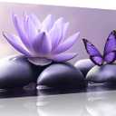 TutuBeer 1 Panel Purple Canvas Wall Art Purple Pictures Spa Stone with Water Lily Butterfly on the Water Pictures Poster Zen Wall Art for Living Room Bedroom Ready to Hang, 12x24 Inches