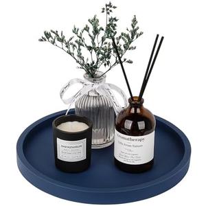 Silicone Bathroom Tray Round Vanity Tray Decorative Soap Holder Kitchen Countertop Organizer Coffee Table Decor for Candle, Perfume, Plant, 9 Inch, Dark Blue