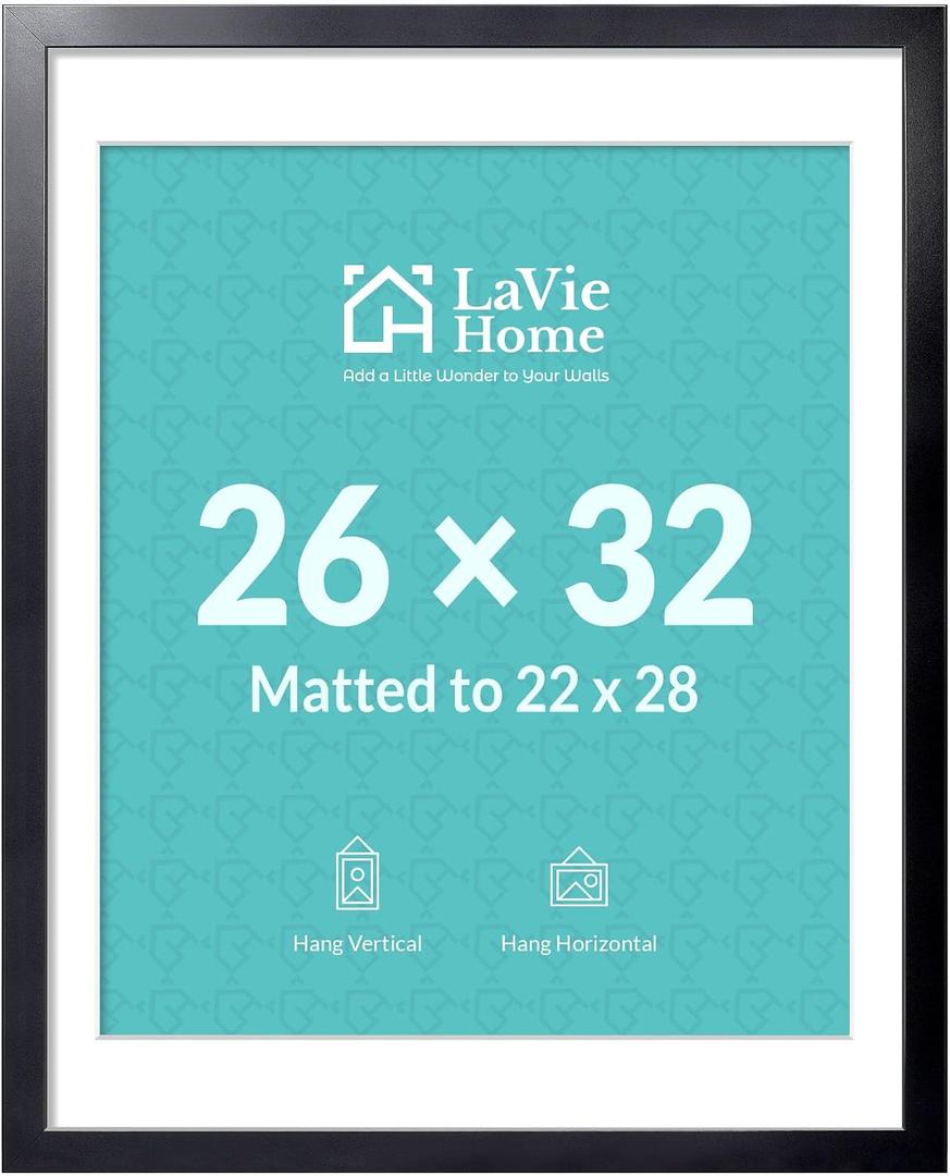 26 x 32 Poster Frame Black, Display Pictures 22x28 with Mat or 26x32 Without Mat, Stable and Sturdy Picture Frame and Polished Plexiglass, Horizontal and Vertical Format of The Wall（1 Pack）