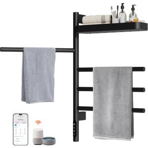 Smart Rotating Heated Towel Rack, 4-Bar, Matte Black | Wall-Mounted Electric Towel Warmer, Swivel Shelf, Wi-Fi App Control, 24H Timer, Stainless Steel, Black 17.72"x26.77"