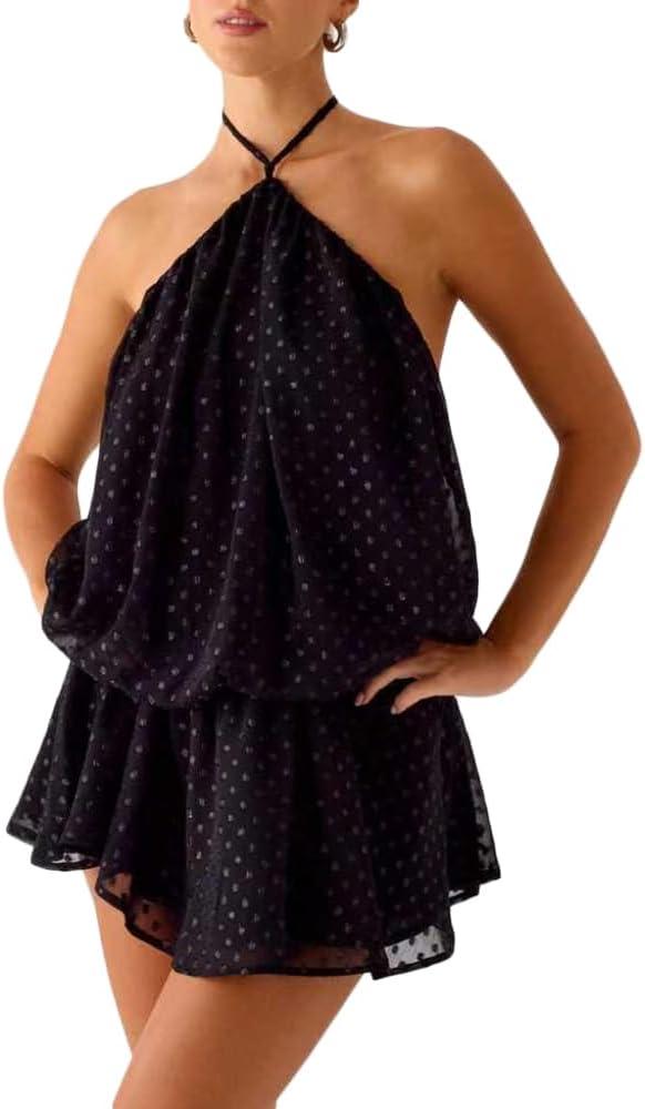 Womens Summer Casual Chiffon Halter Open Back Sun Dress Cute Y2k Going Out Sleeveless Tie Flowy Mini Sundresses (Black, S)