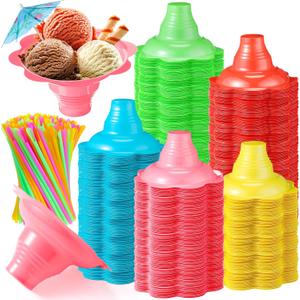 Silkfly 300 Pieces 4 oz Christmas Colorful Flower Snow Cone Cups Paper Umbrellas and Kit Spoon Straws, Shaved Ice Bowls Plastic Ice Cream Snack Small Bowls for Kids Birthday Party Summer Cookout