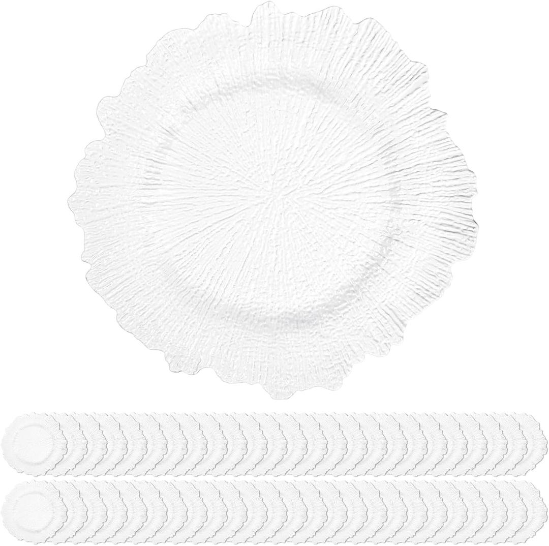 50 Pack White Charger Plates Bulk, 13" Plastic Reef Chargers for Dinner Plates, Round Charger Plate with Floral Reef Design for Dinner Wedding Party Table Setting Decoration
