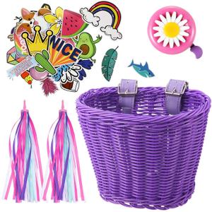 Kid's Bicycle Basket Streamers Set, Children's Bike Handlebar Wicker Basket with Colourful Bike Streamers Bell and Stickers, Bike Decoration Accessories Kit for Girls