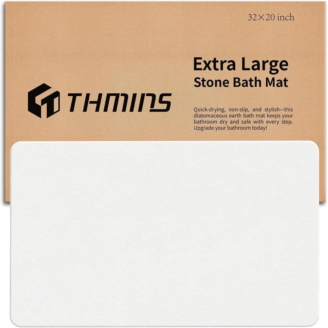 THMINS Extra Large White Stone Bath Mat, 32''x20'' Non-Slip Diatomaceous Earth Stone Bath Mat, Super Absorbent Quick Drying for Bathroom, Easy to Clean