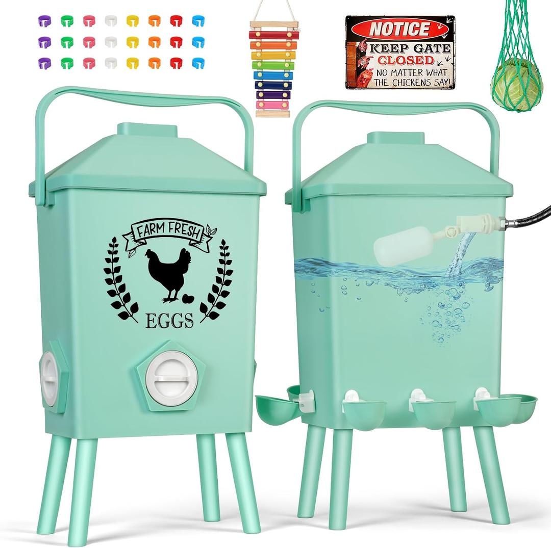 Tgeyd 4.2-Gallon Gravity Chicken Feeder & Waterer Set No-Waste Poultry Feeder with Automatic Water Dispenser, Rainproof Lid, Raised Stand Legs & Anti-Roost Cone