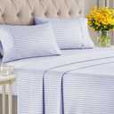 Sky Blue and White Striped Sheets - 1 Flat & 1 Fitted Sheet & 2 Pillowcases w/ Deep Pockets - Comfy, Wrinkle & Fade Free - Soft, Breathable and Cooling - Pinstripe Patterned Bedding - Queen Size