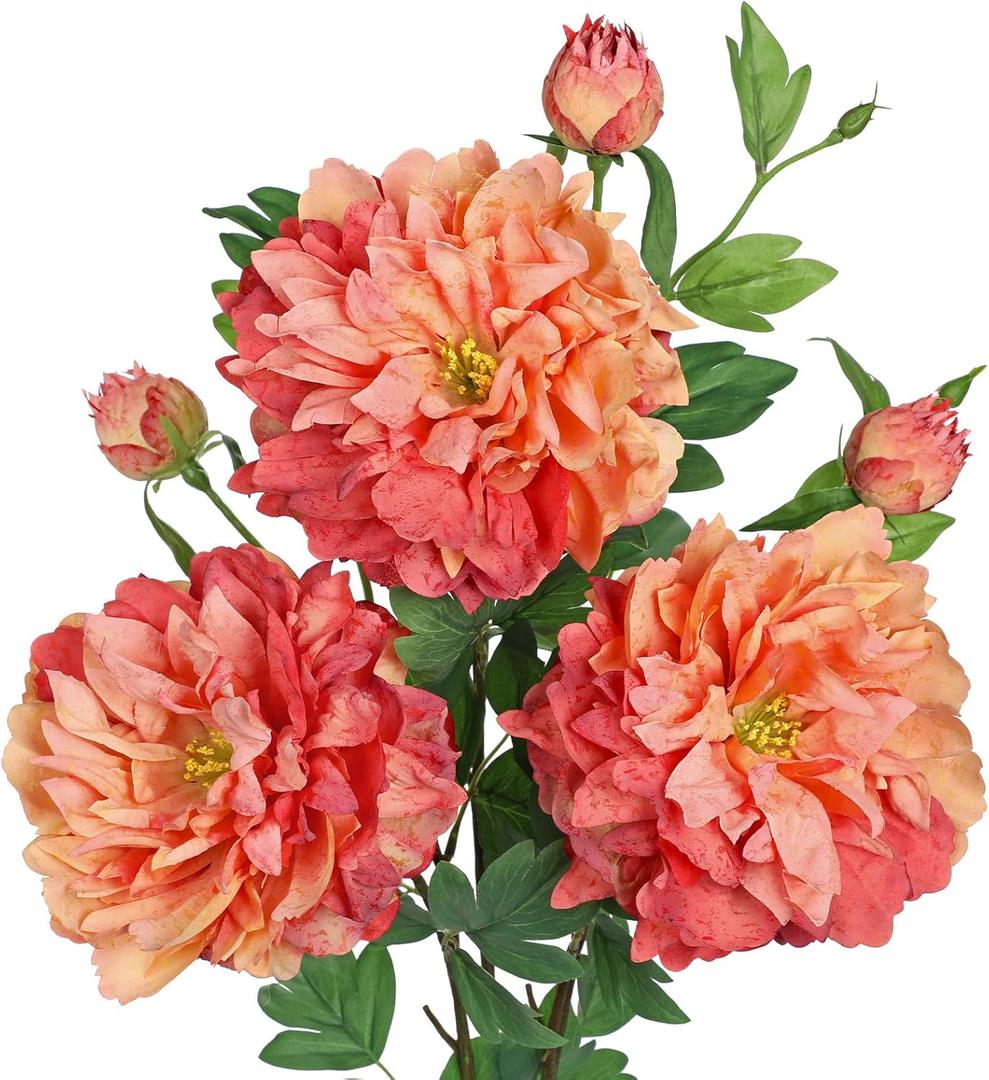 Orange Peonies Artificial Flowers 3Pcs Fall Flowers for Fall Decoration 27.5" Real Touch Silk Faux Peony Flower with Long Stems for Home Autumn Floral Arrangement Vase Table Centerpieces Bouquet Decor
