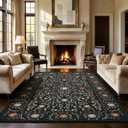GarveeHome Boho 5x7 Area Rug for Bedroom, Floral Vintage Rugs for Living Room with Soft Low Pile, Non Slip Botanical Washable Rugs 5x7 for Dining Room Black Carpet for Entryway Dorm Office Playroom