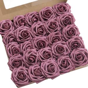 Ling's Moment Artificial Flowers 25Pcs Mauve Roses Decor w/Stems,3" Real Touch DIY Foam Floral for Wedding Bouquet/Centerpieces, Outdoors Party Backdrop, Room/Table, and Garden/Pot Decorations
