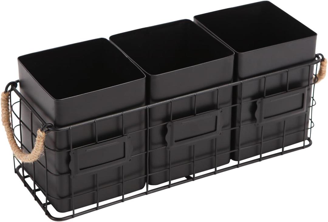 NIKKY HOME Farmhouse 3 Compartment Flatware Cutlery Caddy Countertop Silverware Holder for Spoons, Knives, Forks - Black