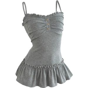 Milumia Women's Y2k Ruched Ruffle Trim Cami Tops Spaghetti Strap Fitted Going Out Tops (Gray, M)