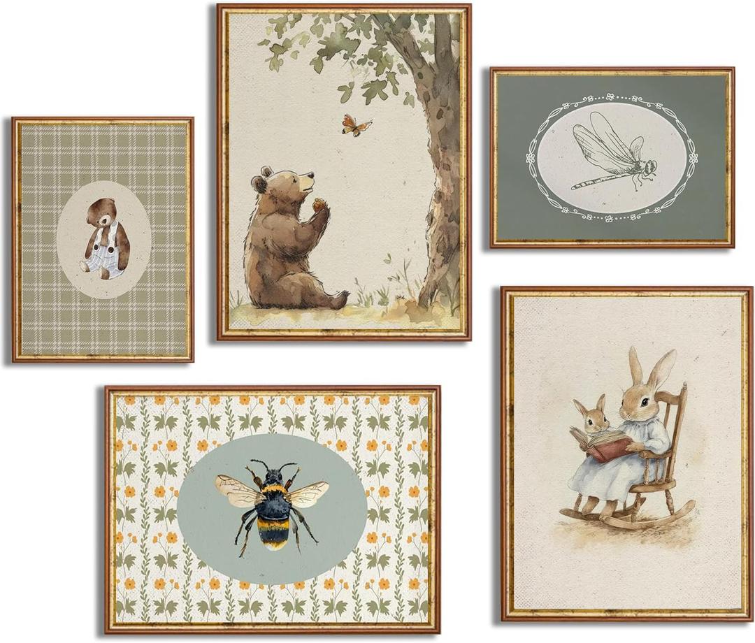 5Pcs Retro Vintage Animal Canvas Wall Art Nursery Decor Kids Painting Picture Wall Decor Farmhouse Animal Poster Print Artwork for Children's Bedroom Dining Room Home Decoration (12x16in)
