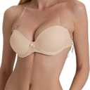 Strapless Bra with Clear Back Invisible Strap Push Up Padded Underwire Backless Halter Bralette (38D, Beige)