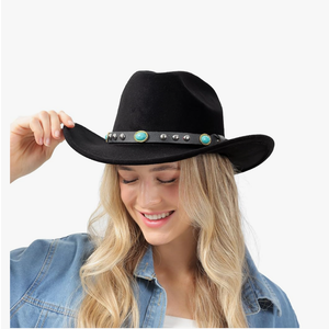 22"-23.2" 100% Suede Western Cowgirl Hat for Women,3.5" Wide Brim,Built-in Elastic Sweatband, Black