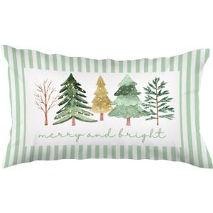 Merry and Bright Christmas Tree Pillow Covers 12x20,Green and Gold Christmas Decorations, Watercolor Xmas Trees Green Striped Lumbar Pillow Cover Decor for Home Bedroom Living Room