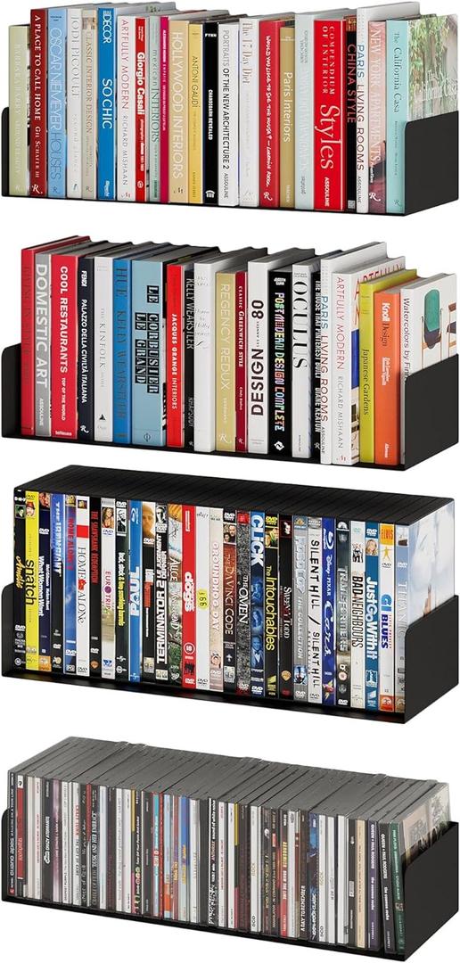 Wallniture Bali Black Floating Shelves for Wall, CD DVD Storage Shelves and Metal Bookshelf Set of 4