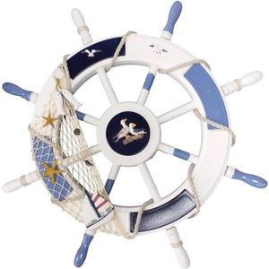 Gesteh Nautical Beach Wooden Boat Ship Steering Wheel Fishing Net Shell Home Wall Decor (24 inches)