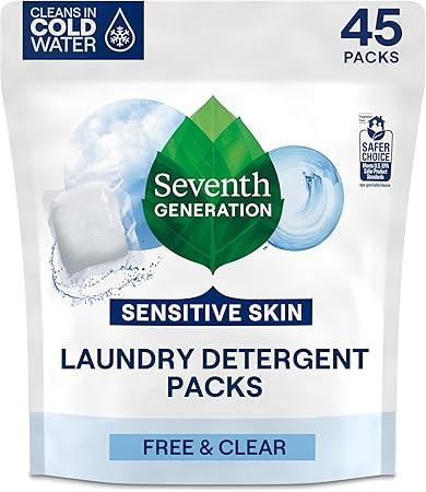 Seventh Generation Laundry Detergent Packs, Free & Clear, Made for Sensitive Skin, 45 Count,2Pack