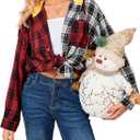 Womens Button Down Shirt Plus Size Blouse Shirts Tartan Plaid Color Block Casual Oversized Boyfriend Hooded Outwear (M)