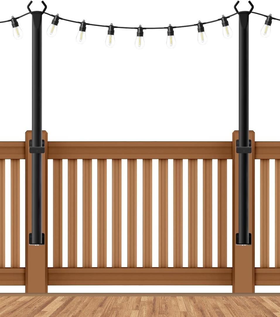 AHRLHR 5 Ft String Light Poles 2 Pack, String Light Poles for Outside with Fixing Clips,Hanging Light Poles for Deck Fence Garden Backyard Wall Bistro,Metal Poles for Outdoor String Lights