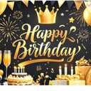 Happy Birthday Sign Backdrop 71x43 for Photography Background Black and Gold Balloon Party Backdrops Birthday Photo Studio Banner Background Decorations for Men Women