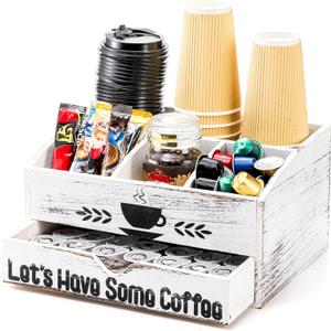 Nicunom Coffee Station Organizer for Countertop, Coffee Bar Accessories Organizer Rustic Wood K Cup Espresso Pod Holder, Coffee and Tea Condiment Storage Caddy for Cups, Coffee Pods, Sugar, Syrup