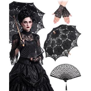 Paterr 3 Pcs White Lace Parasol Set Wedding Umbrella with Fan & Gloves