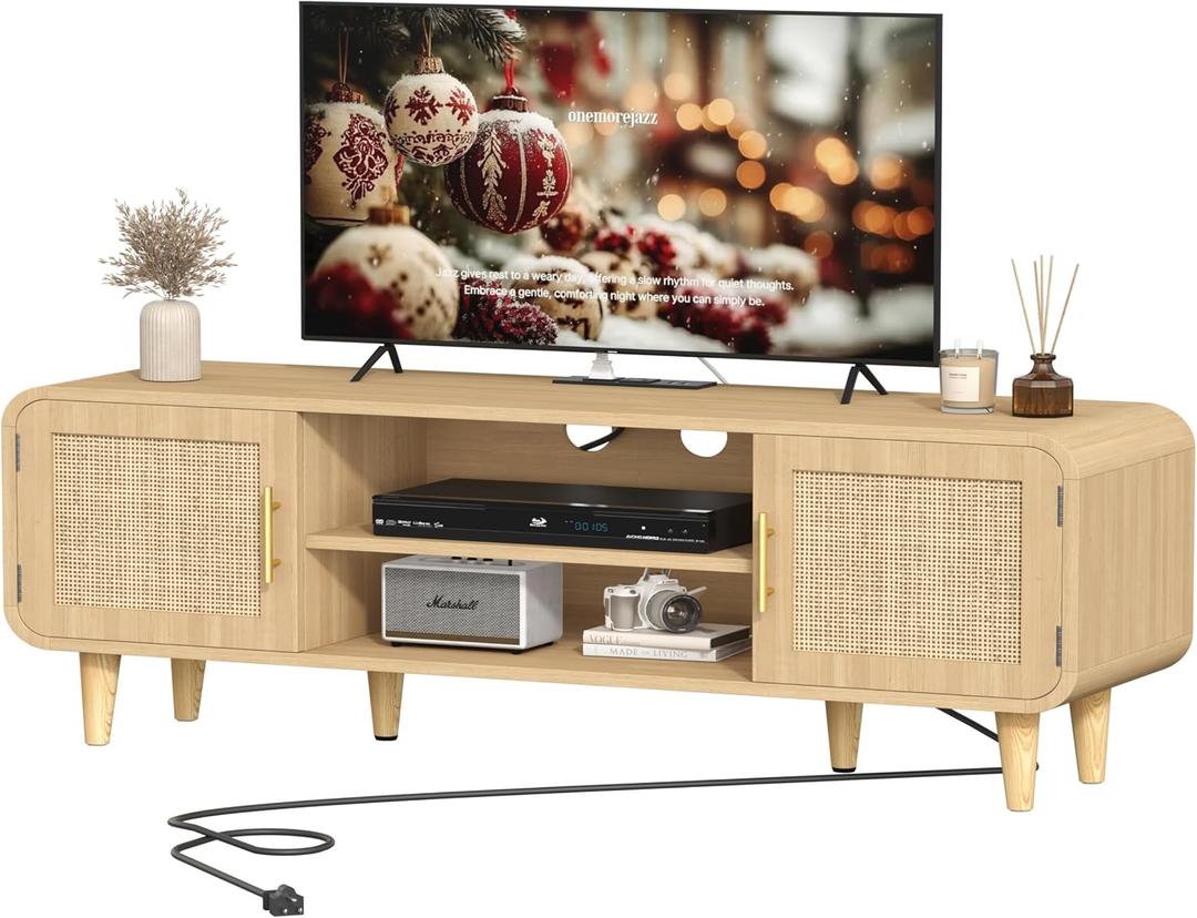Keehusux Rattan TV Stand for 60 Inch TV, Entertainment Center with Charging Station & Solid Wood Legs, Adjustable Shelf & 2 Cabinet, Boho TV Console, Modern Media Console for Living Room, Natural Oak