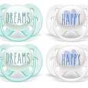 Philips AVENT Ultra Soft Pacifier 0-6 Months, Dreams and Happy Designs, 4 Pack, White/Green, SCF222/43