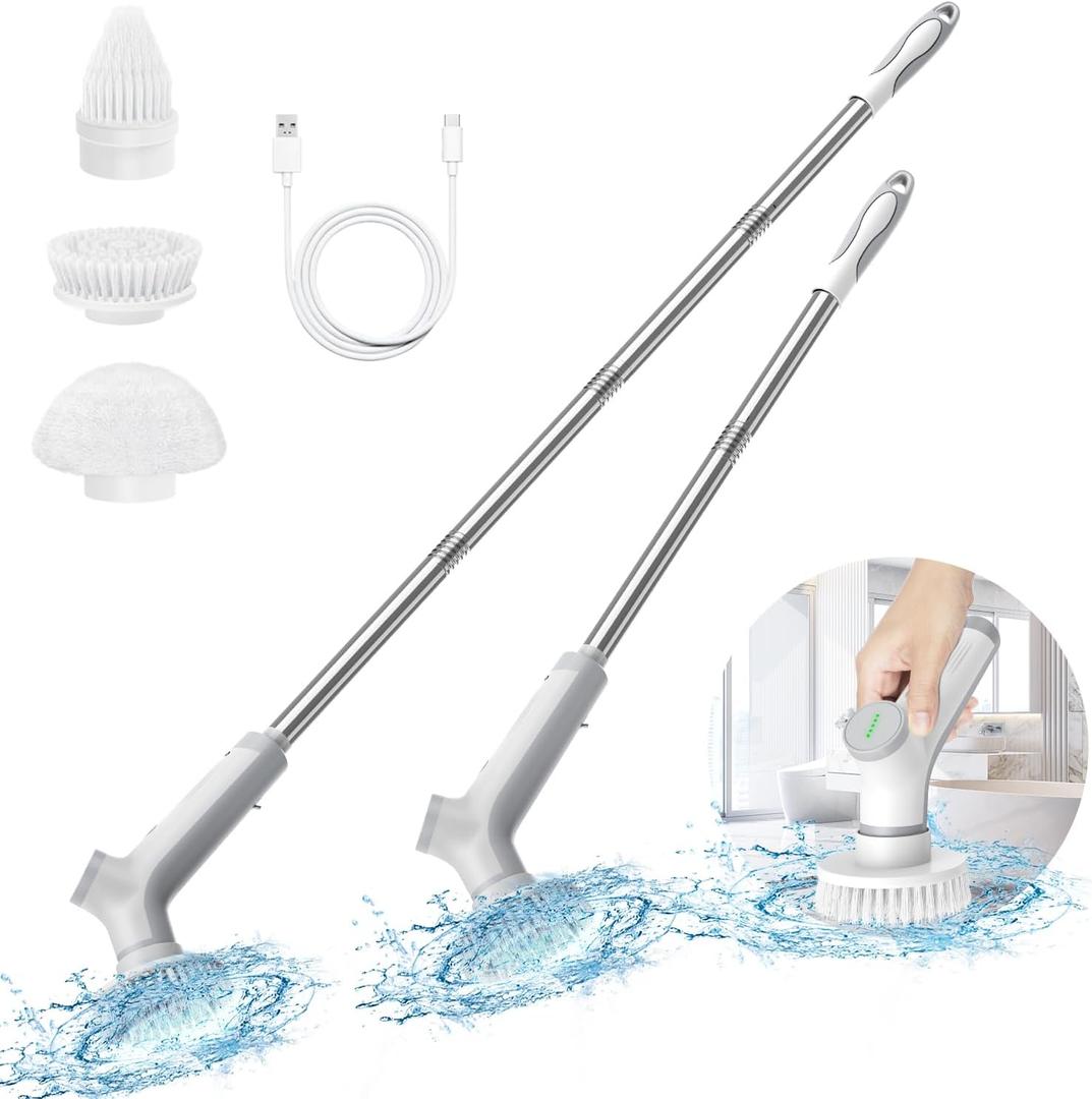 VEWIOR Electric Spin Scrubber, Cordless Cleaning Brush with 3 Adjustable Angle 2 Speeds 3 Replaceable Brush Heads, Electric Cleaning Brush for Floor Bathroom Tub Tile Kitchen Window (Gray)