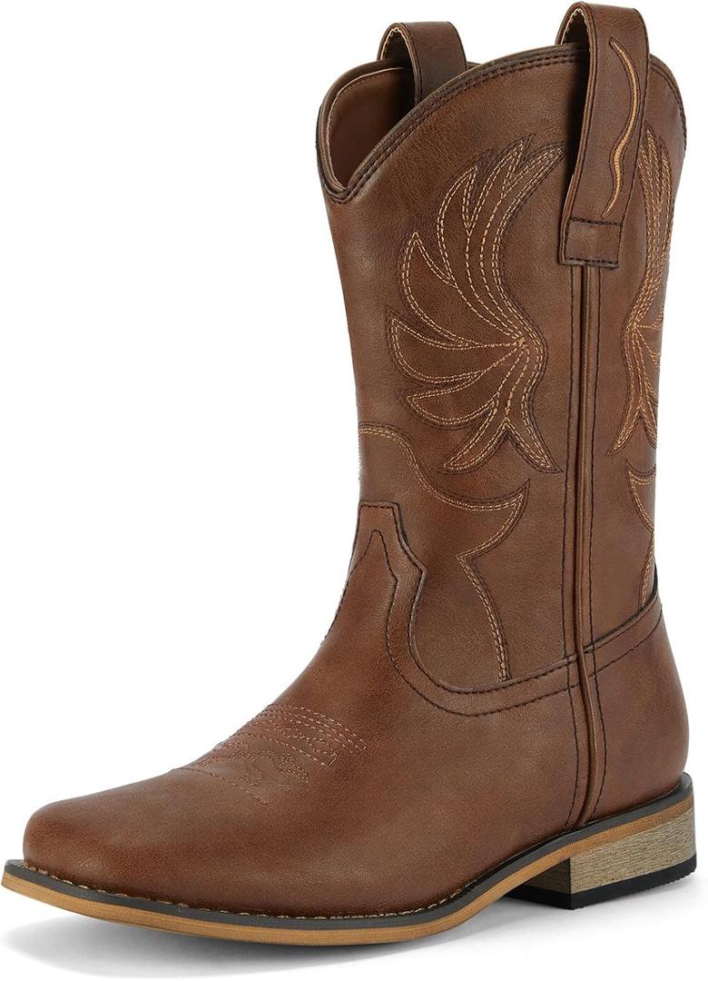Rollda Kids Cowboy Boots for Boys Girls Western Square Toe Cowgirl Boots with Walking Heel (Toddler/Little Kid/Big Kid) (Dark Brown)