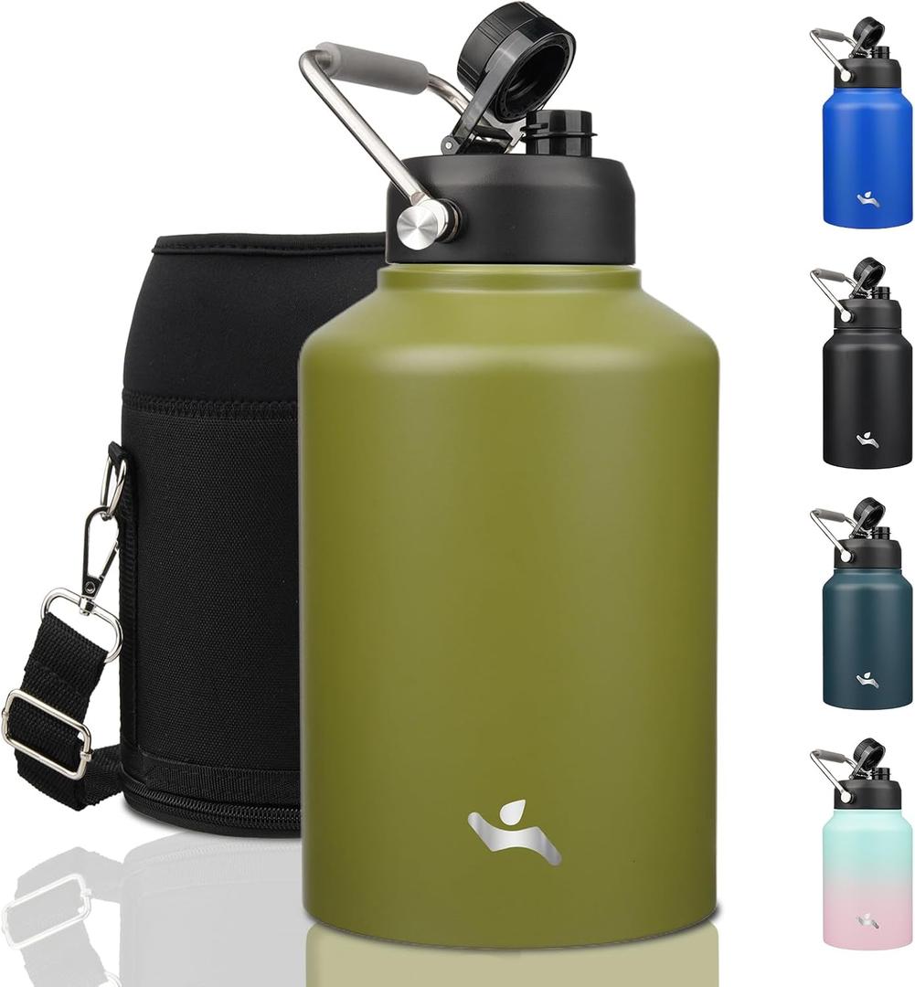 Konokyo 1 Gallon Jug with Handle,128 oz Insulated Water Bottle with Carrying Pouch, Double Wall Vacuum Stainless Steel Metal Bottle,Forest Green
