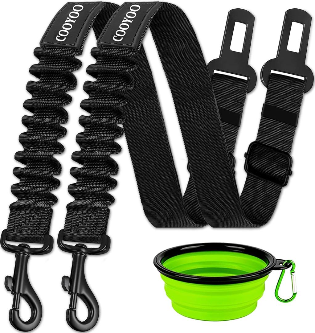 COOYOO Dog Seat Belt,3 Piece Set Retractable Dog Car Harness Adjustable Dog Seat Belt for Vehicle Nylon Pet Safety Seat Belts Heavy Duty & Elastic (Set 01-Black+Black)
