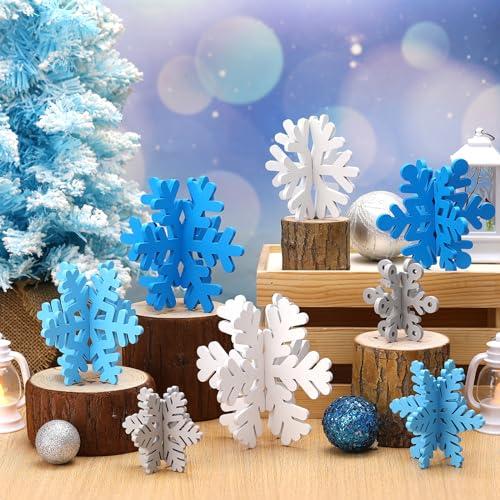 Wenqik 16 Pcs Winter Wooden Snowflake Decor Christmas Winter Snowflake Tabletop Decorations 3D Snow Table Signs Standing Centerpiece Xmas Tiered Tray Decorations for Party(Multicolored)