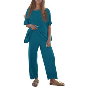 Tankaneo Women's 2 Piece Travel Outfits Casual Short Sleeve Knit Sweater Set Wide Leg Pants Lounge Sets Tracksuit (Small, Lake Blue)