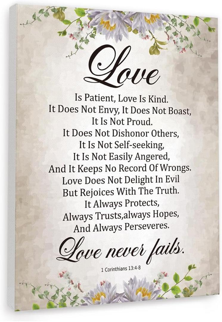1 Corinthians 13:4-8 Wall Art,Love is Patient Religious Framed Canvas Scripture Print Painting for Christian Home Office Wall Decor,Bible Verse Gifts for Women