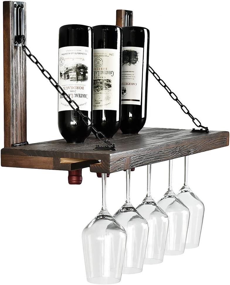 WELLAND Wall Mounted Wine Rack with Glass Holder, Floating Wine Shelf & Glass Rack Set for Home & Kitchen Decor, Rustic, 12x 24 x 10 inches