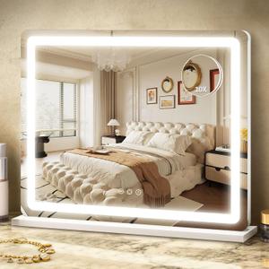 ROLOVE 23"x 18" Large Vanity Mirror with Lights, LED Makeup Mirror for Dresser and Desk, 10X Magnification, Dimmable Touch Control, Wall Mounted or Tabletop Mirror for Bedroom (White)