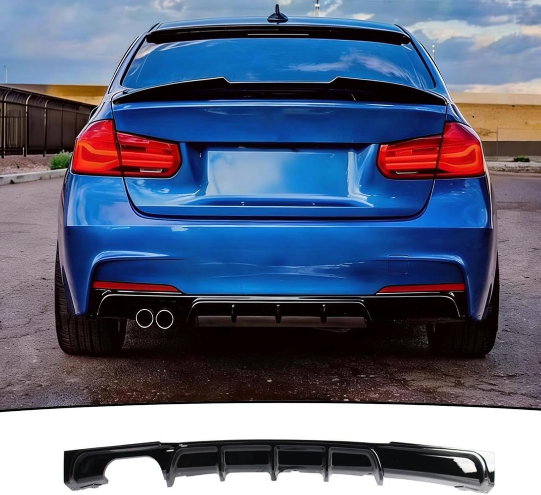 Rear Diffuser Fit for BMW 3 Series M Sport 328i/ 330i/ 330e/ F30/ F31 2013-2018 Accessories, M-Tech Dual Muffer Single Out Rear Bumper Lower Lip Splitter Exterior Part (Gloss Black)