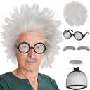 6 Pcs Set Old Man Wig Adult +Eyebrows+Beard+Glasses Mad Crazy Scientist Wigs Short Messy White Crazy Grandpa Cosplay Outfit 100 Days of School Wigs for Halloween Costume Party+Wig Cap