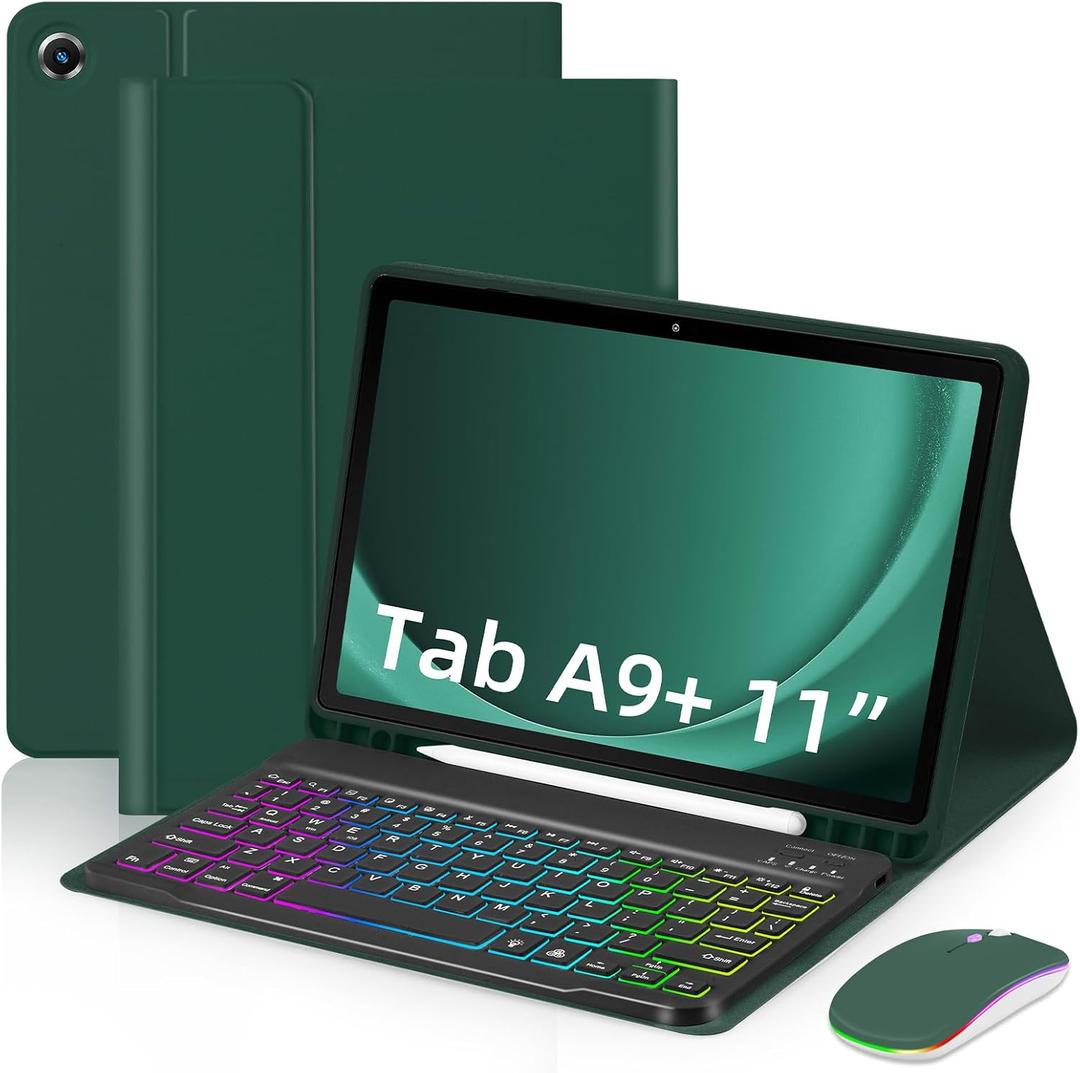 Case with Keyboard Mouse for Samsung Galaxy Tab A9 Plus 11 inch (SM-X210/X215/X216/X218),7 Color Rainbow Backlit Detachable USB-C Keyboard Magnetic Case with Pen Slot for A9+ 5G Dark Green