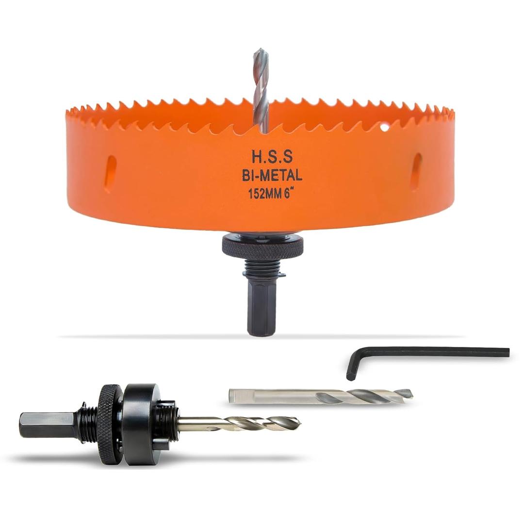6 Inch Hole Saw with Arbor for Metal Wood and Plastic Cutting, 152mm Bi-Metal Hole Cutter for Different Project with Smooth and Flat Drilling Edge, Fast Chip Removal, Handy Hole Saw Kit Set